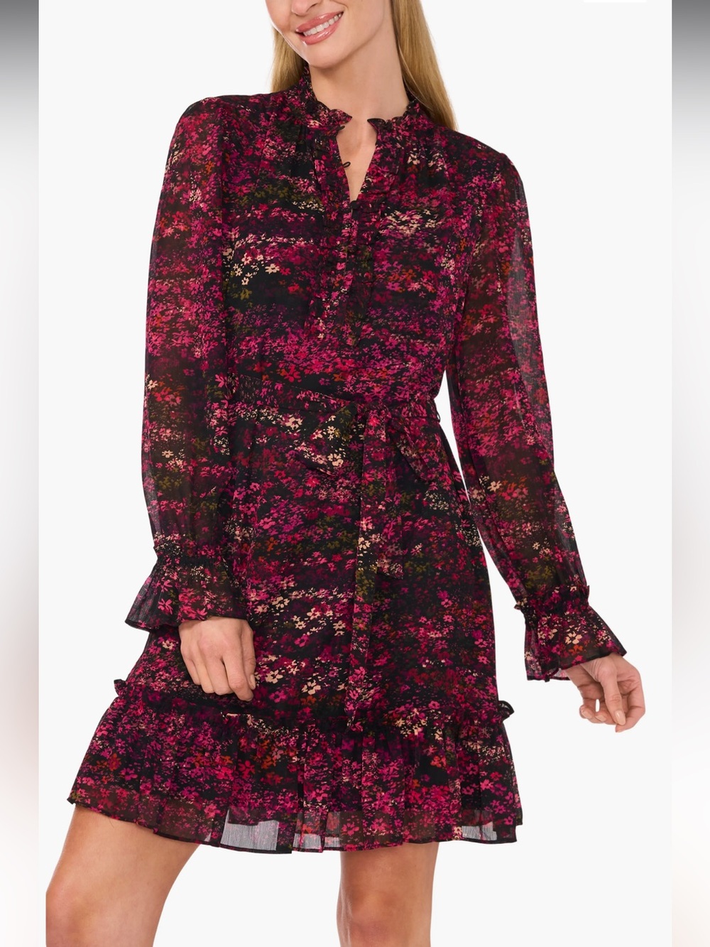 CECE Rich Black Floral Ruffle Long Sleeve Chiffon Mini Dress